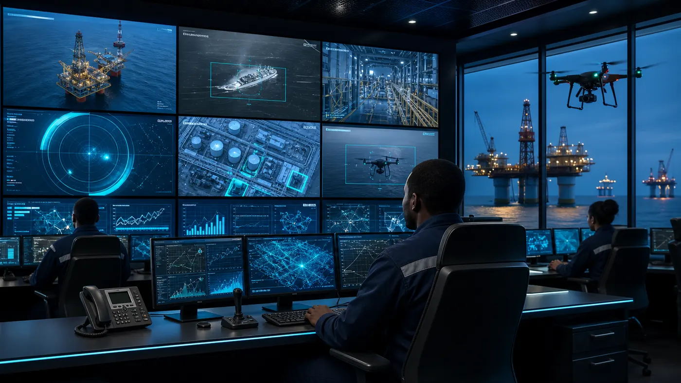 AI surveillance command center monitoring critical infrastructure
