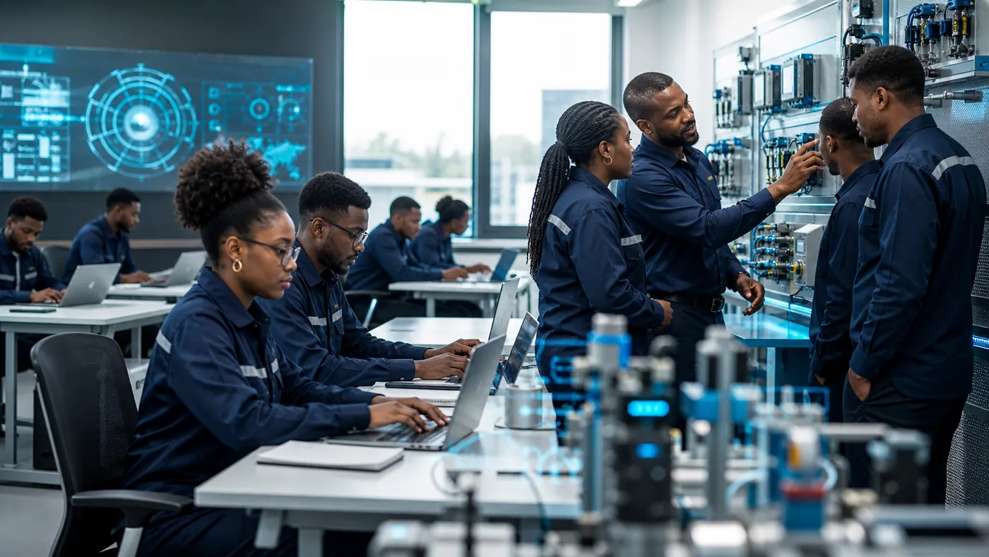 Technical training lab with trainees and instrumentation systems